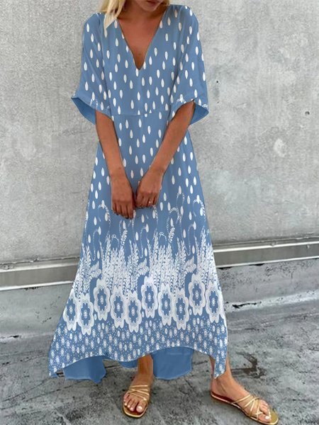 

Summer Vacation Floral Design Loose Short Sleeve Dress, Blue, Maxi Dresses