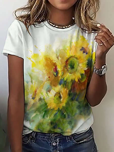 

Casual Simple Sunflower Print Crew Neck T-Shirt, As picture, T-shirts