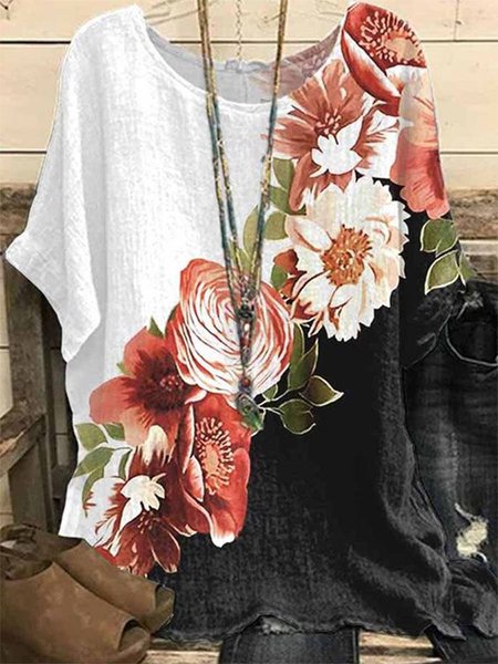 

Loosen Crew Neck Color Block Floral Tops, Red-black, Shirts & Blouses