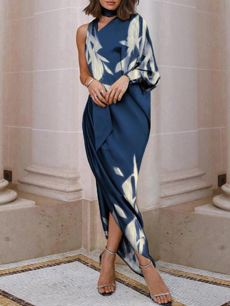 

Elegant Holiday One Shoulder Printed Dress, Blue, Midi Dresses