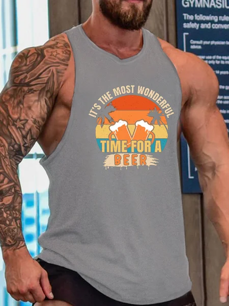 

Time For A Beer, Sleeveless Crew Neck Tank Top, Gray, Tank Tops