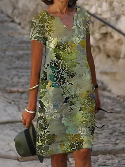 

Floral Casual V neck Regular Fit Short sleeve Dresses, Green, Dresses