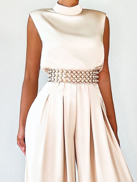

Elegant Sleeveless Solid Stand Collar Top, Champagne, Tops