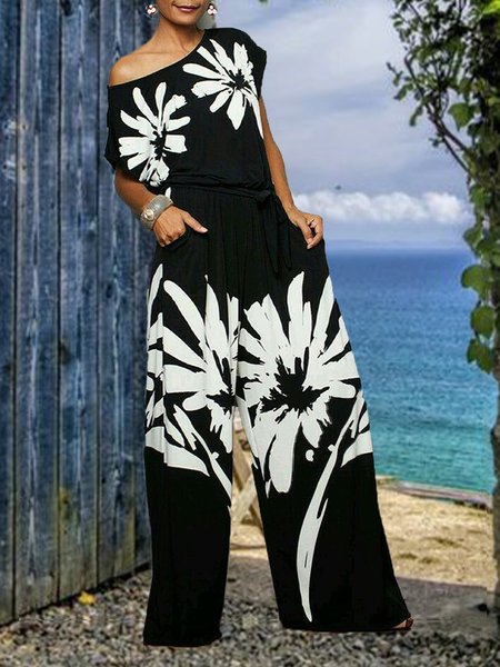 

Crew Neck Casual Loosen Daily Jumpsuit, Black, Bottoms