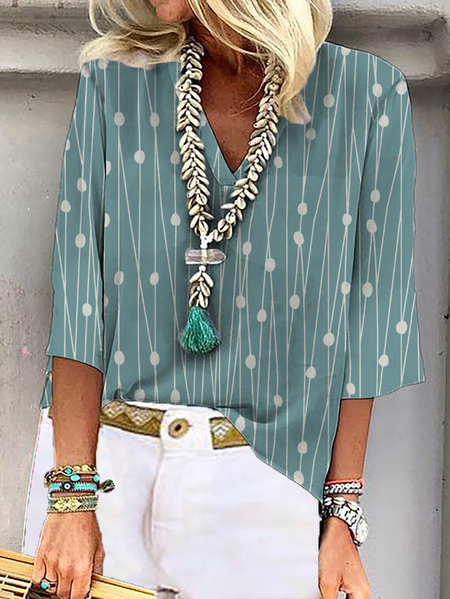 Women's Daily Boho Top Casual Loosen Printed Three Quarter V Neck Top, As picture, Tops