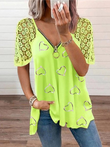 

V Neck Loosen Heart Short Sleeve Tops, Green, Tees & T-shirts