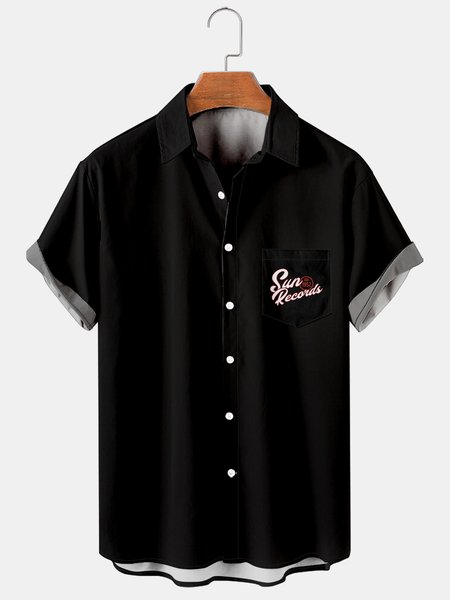 

Casual Music Collection Geometric Guitar Pattern Lapel Short Sleeve Shirt Print Top, Black, Men's Floral shirt
