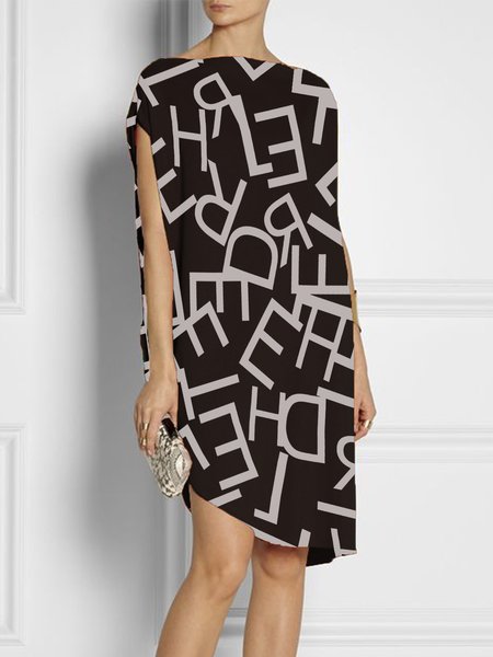 

Letter Boat Neck Elegant Loosen Knee Dress, Black, Midi Dresses