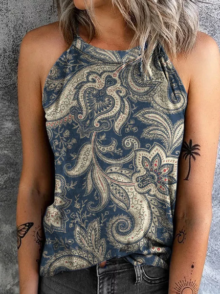 

Vintage Tribal Printed Regular Fit Round Neck Casual Tanks & Camis, Dark blue, Tanks & Camis