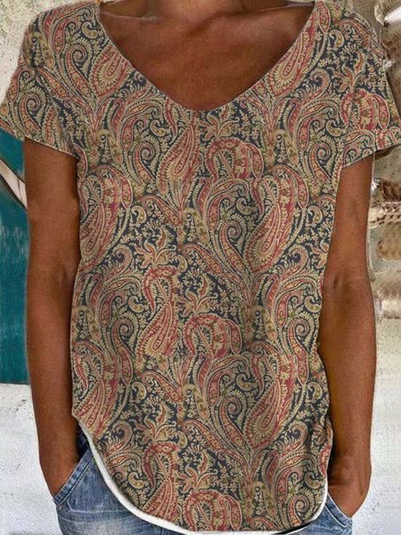 

Casual V Neck Paisley T-Shirt, Multicolor, T-Shirts
