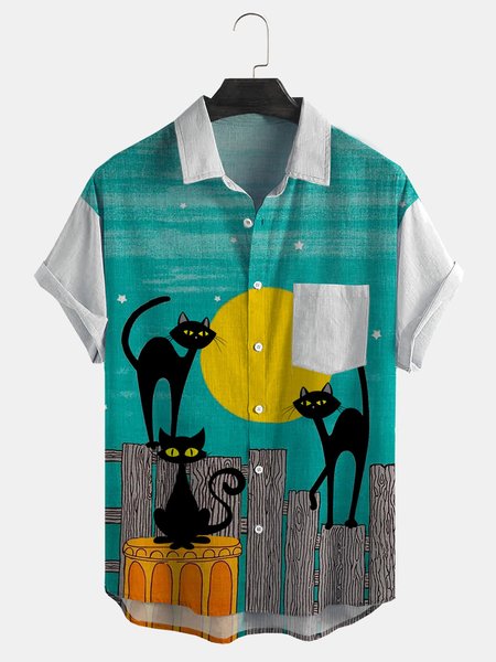 

Rayon cat print short-sleeved shirt, As picture, Men's Floral shirt