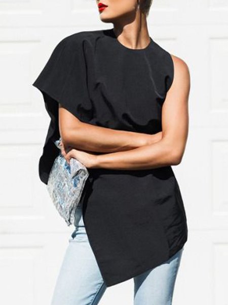 

Simple Solid Crew Neck One Shoulder Top, Black, Tops