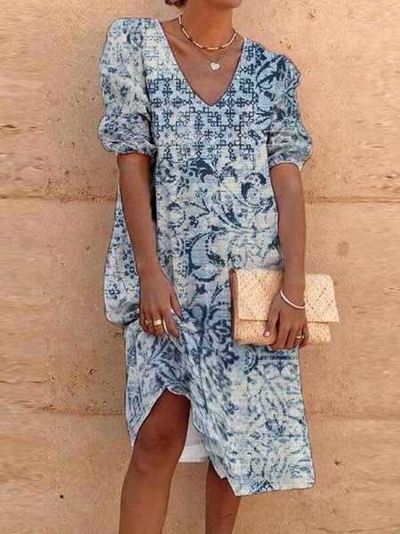 

Casual Vacation Regular Fit V Neck Tribal Short sleeve Dresses, Blue, Dresses