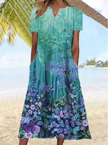 

V Neck Floral Jersey Dress, Multicolor, Dresses
