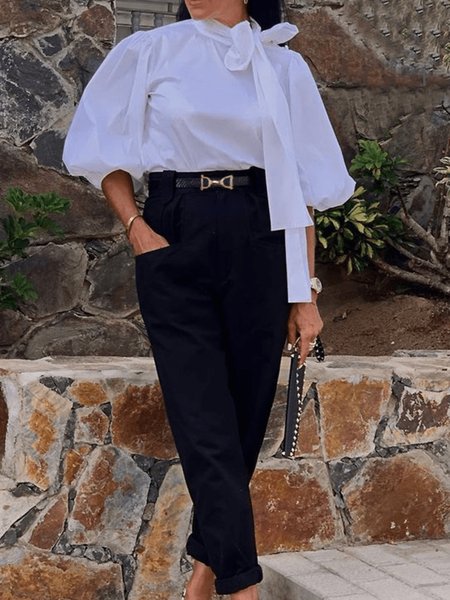 

Summer Lightweight Short sleeve Tie Neck Simple Plain Daily Tops, White, Tops