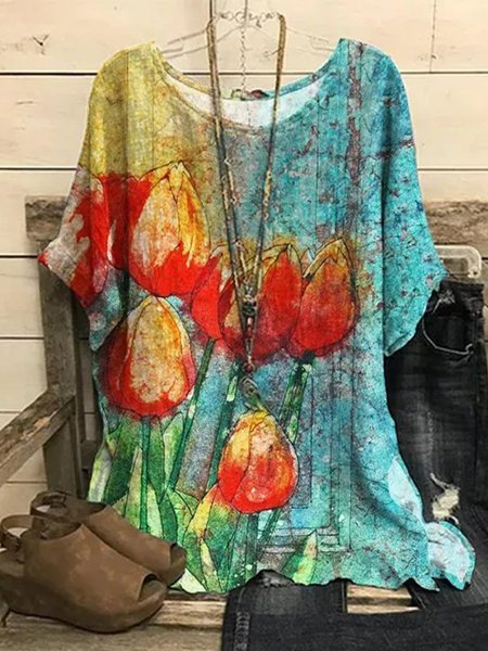 

Crew Neck Casual Ombre Floral Tops, Multicolor, Shirts & Blouses
