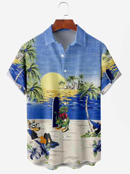 

Men's Beach Animal Floral Print Moisture-Breathable Fabric Hawaiian Lapel Short Sleeve Shirt, Blue, Men's Floral shirt