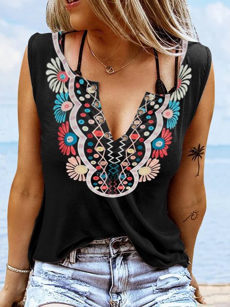 

V Neck Tribal T-Shirt, Black, Tanks & Camis