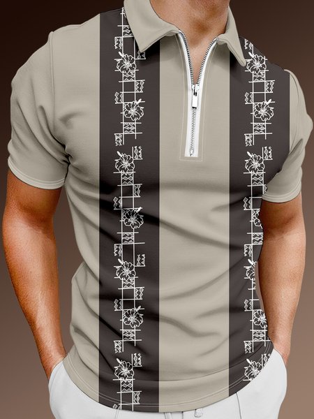 

Resort Hawaiian Striped Geometric Floral Pattern Lapel Short Sleeve Polo Print Top, Light khaki, Men's t-shirts