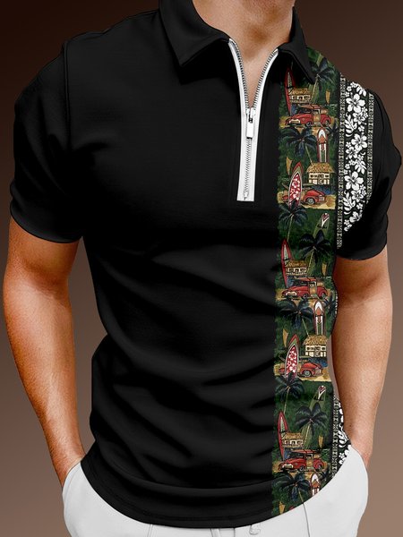 

Resort-Style Hawaiian Collection Of Botanical Flowers And Car Elements Pattern Lapel Short-Sleeved Polo Print Top, Black, Men's t-shirts