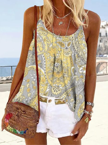 

Folk Paisley loose Pullover Boho strap vest plus size, Yellow, Tanks & Camis