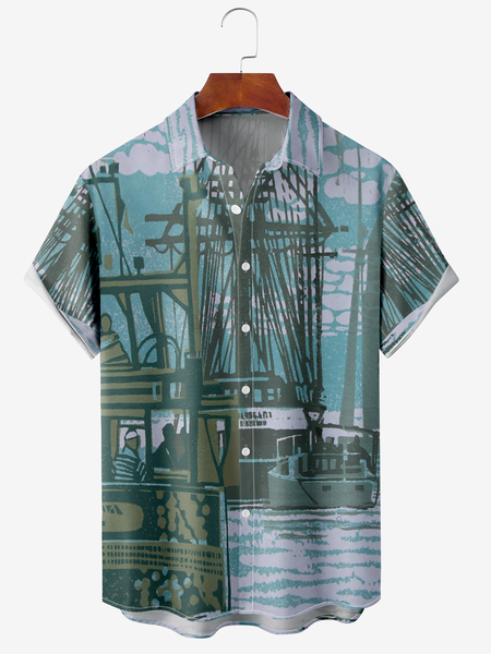 

Men's Ocean Boat Print Moisture Absorbent Breathable Fabric Hawaiian Lapel Short Sleeve Shirt, Blue, Men's Floral shirt