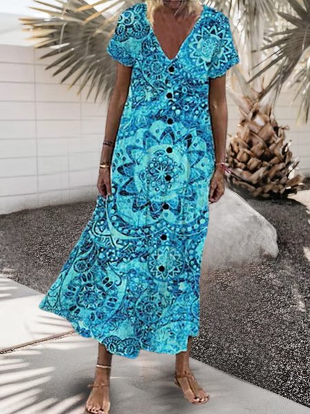 

Vacation Loosen Tribal V Neck Dresses, Multicolor, Dresses