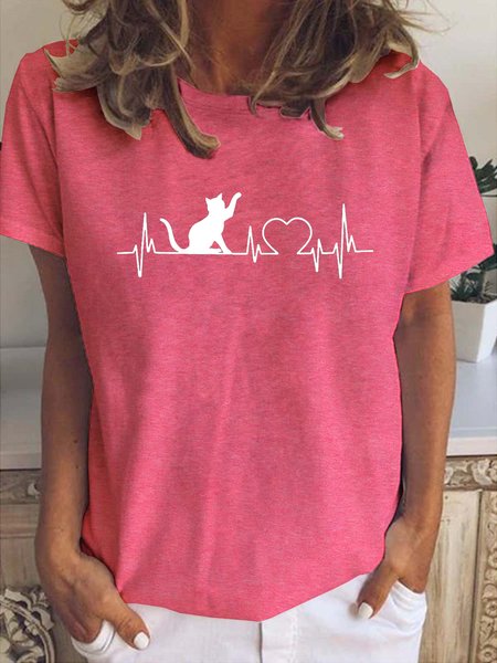 

Simple Casual Cat Heart Print Crew Neck T-Shirt, Rose red, T-shirts