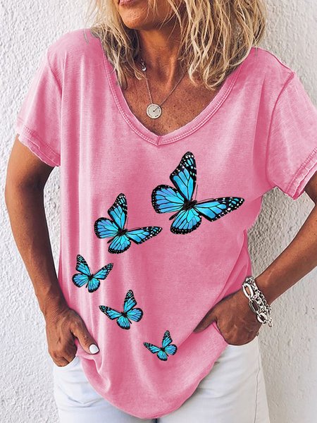 

Womens Fancy Butterfly Print V Neck Casual T-Shirt, Pink, T-shirts