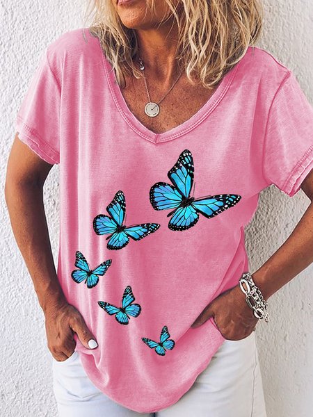 

Womens Fancy Butterfly Print V Neck Casual T-Shirt, Pink, T-shirts