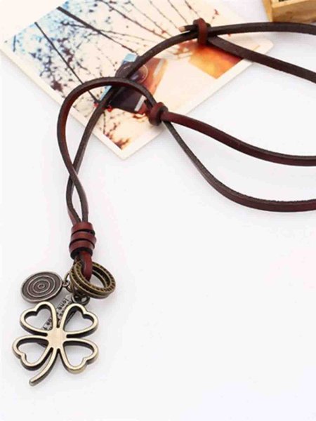 

Men's Vintage Plain Four Leaf Clover Leather Necklace, Dark brown, Men Necklaces