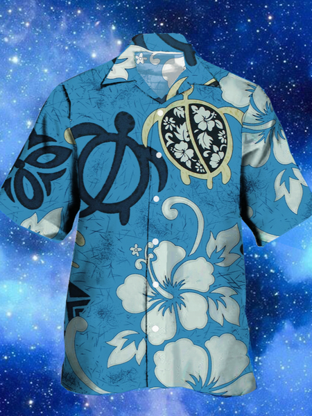 

Mens Sea Turtle Print Lapel Loose Short Sleeve Funky Hawaiian Shirts, Blue, Men's Floral shirt