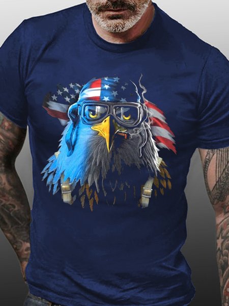 

American Eagle Pilot with Flag，Cotton Short Sleeve T-Shirt, Purplish blue, T-shirts