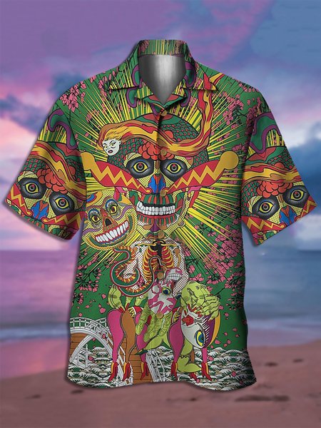 

Men's Skull Floral Print Moisture-Breathable Fabric Hawaiian Collar Short Sleeve Shirt, Green, Men's Floral shirt
