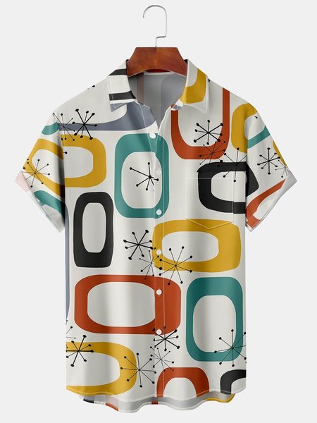 

Men's Geometric Print Casual Short Sleeve Hawaiian Shirt with Chest Pocket, White-gray, Men's Floral shirt