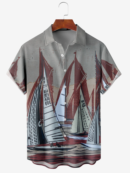 

Men's Geometric Abstract Floral Print Moisture-Breathable Fabric Hawaiian Lapel Short Sleeve Shirt, Red, Men's Floral shirt