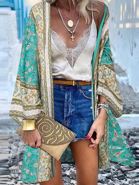 

Collarless Geometric Ethnic Other Coat, Green, Cardigans