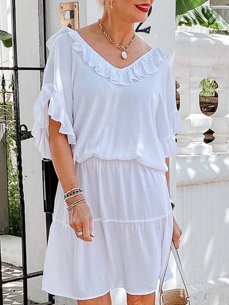 

Everyday party Ruffle elastic waist Holiday midi Dress Plus, White, Dresses