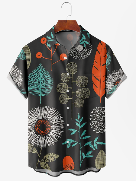 Men's Floral Print Breathable Fabric Hawaiian Lapel Short Sleeve Shirt, Black, Men's Floral shirt