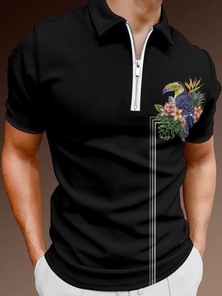 

Resort Style Hawaiian Series Striped Geometric Plant Leaves Floral Toucan Element Pattern Lapel Short-Sleeved Polo Print Top, Black, Men's t-shirts