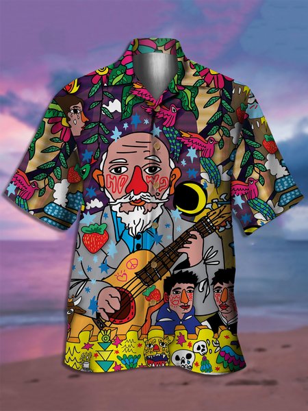 

Men's Music Floral Print Moisture-Breathable Fabric Hawaiian Collar Short Sleeve Shirt, Yellow, Men's Floral shirt