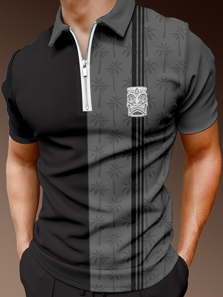 

Resort-Style Hawaiian Botanical Leaf Stripe Geometric Pattern Lapel Short-Sleeved Polo Print Top, Black, Men's t-shirts