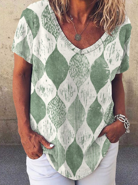 

Casual Abstract Graphic V-Neck T-Shirt, As picture, T-shirts