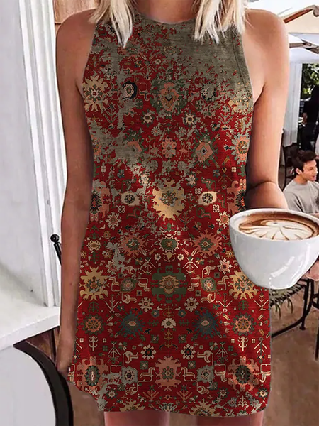 

Vintage Tribal Printed Round Neck Casual Mini Dresses, Red, Dresses