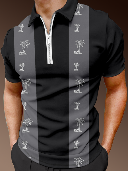

Resort Hawaiian Coconut Tree and Stripe Pattern Lapel Short Sleeve Polo Print Top, Black, Men's t-shirts