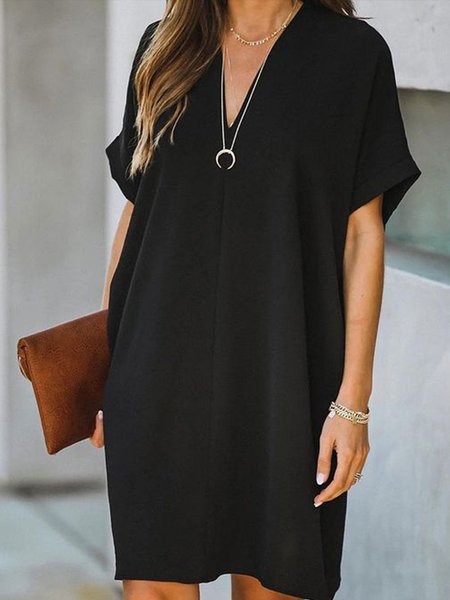 

Loosen V Neck Short Sleeve Woven Dress, Black, Mini Dresses