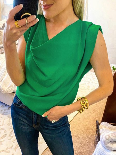 

Elegant Daily Solid Cowl Neck Sleeveless Top, Green, Tops
