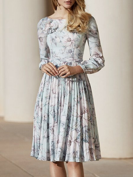 

Long sleeve Daily Floral Crew Neck Floral Elegant Dress, Blue, Midi Dresses