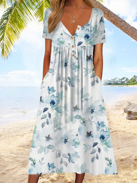 

Floral Crew Neck Casual Loose Dresses, White, Dresses