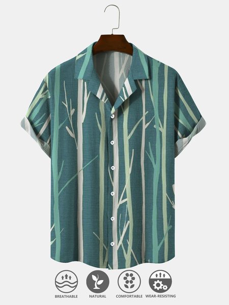 

Cotton Linen Geometric Print Casual Short Sleeve Shirt, Green, Men's Floral shirt